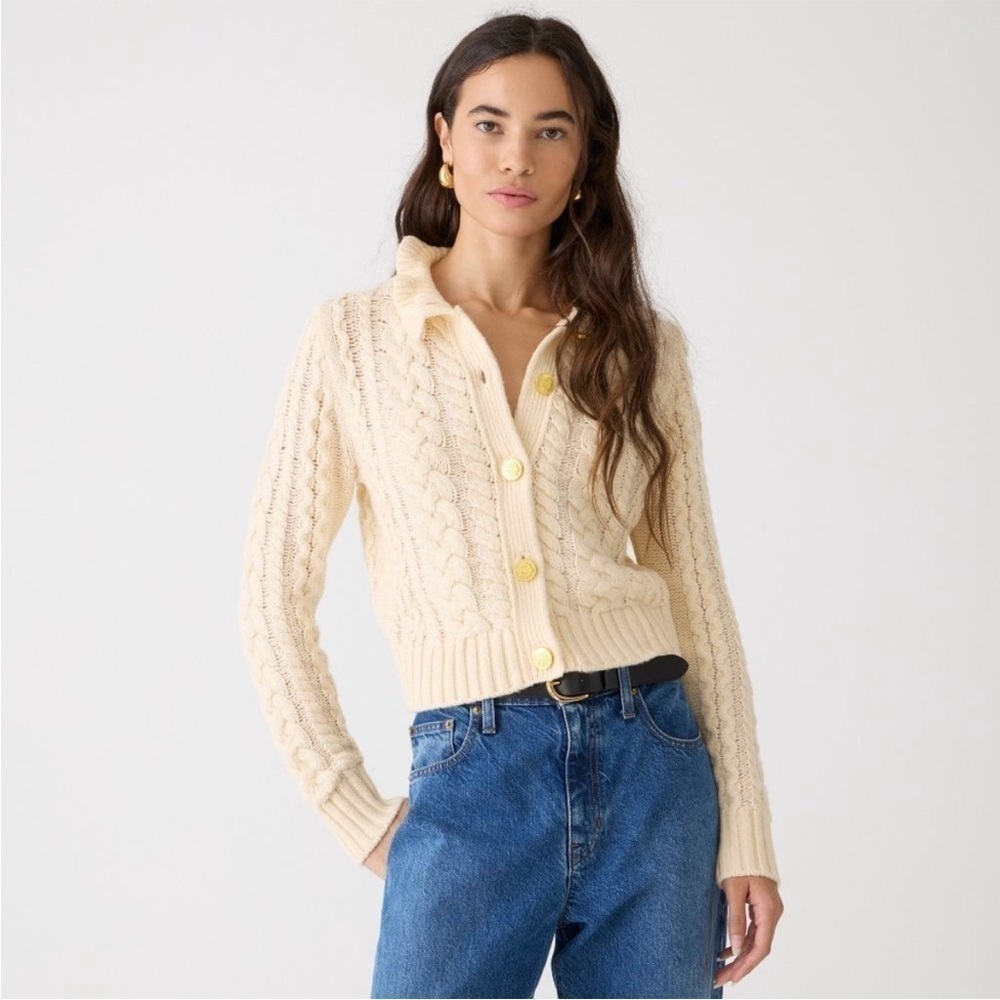 J.Crew Ruffleneck Cable Cardigan Sweater XXL White Cream BV351 Gold Buttons NWT